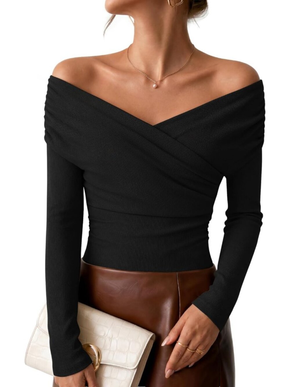 Women's Black Off Shoulder Neck Front Ribbed Long Sleeve Casual T-shirt Top